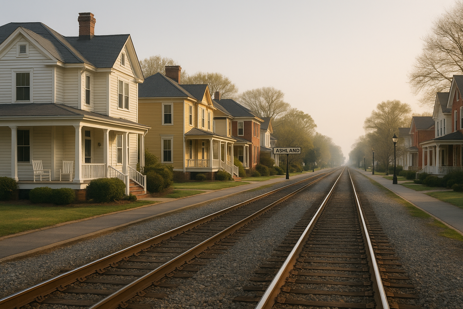 Historic homes along the railroad tracks in downtown Ashland, Hanover County