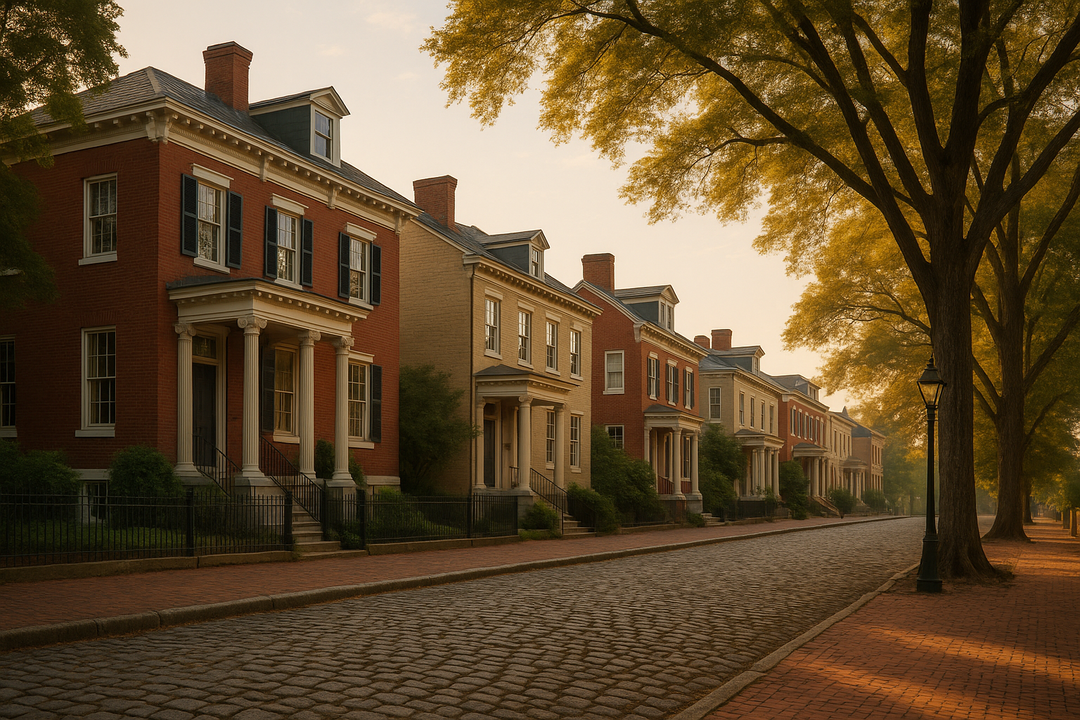 Historic homes on a cobblestone street in Church Hill, Richmond