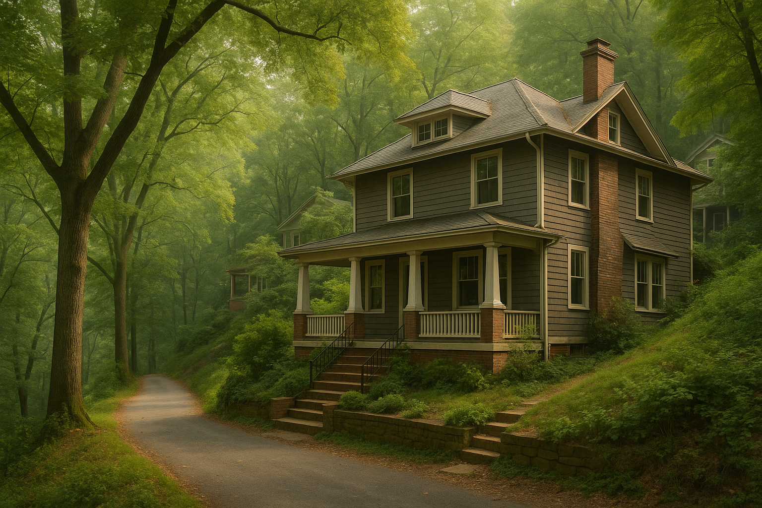 Early-1900s homes on a wooded street near Forest Hill Park above the James River in Richmond