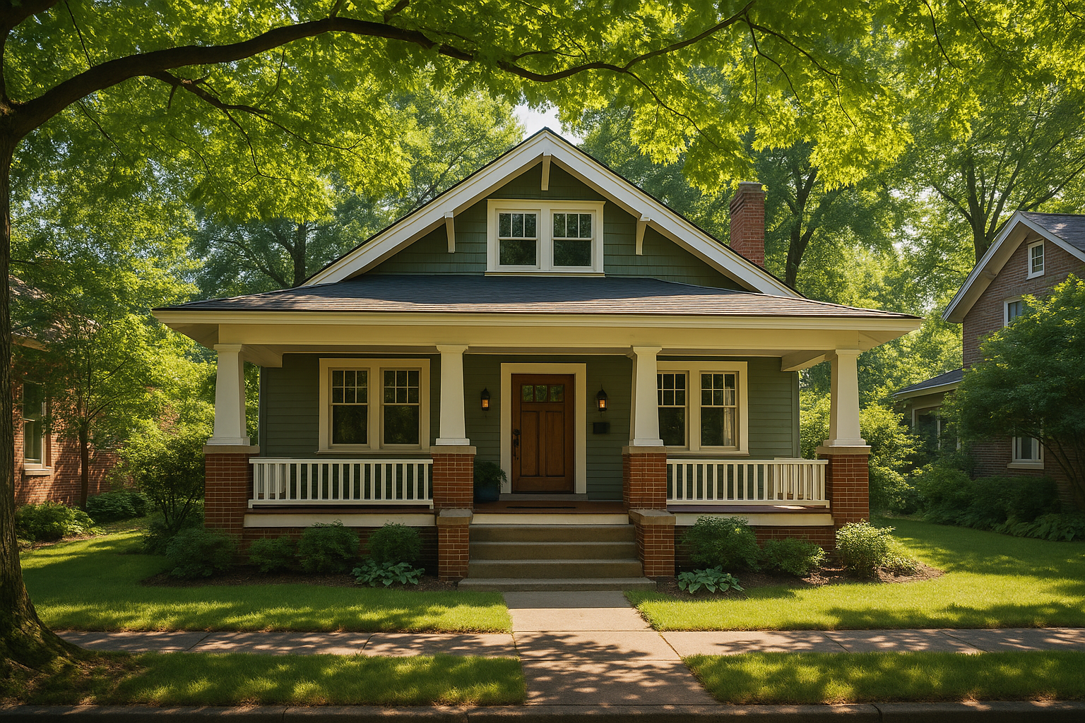 Craftsman bungalows on a leafy street in the Bellevue neighborhood of Richmond's Northside