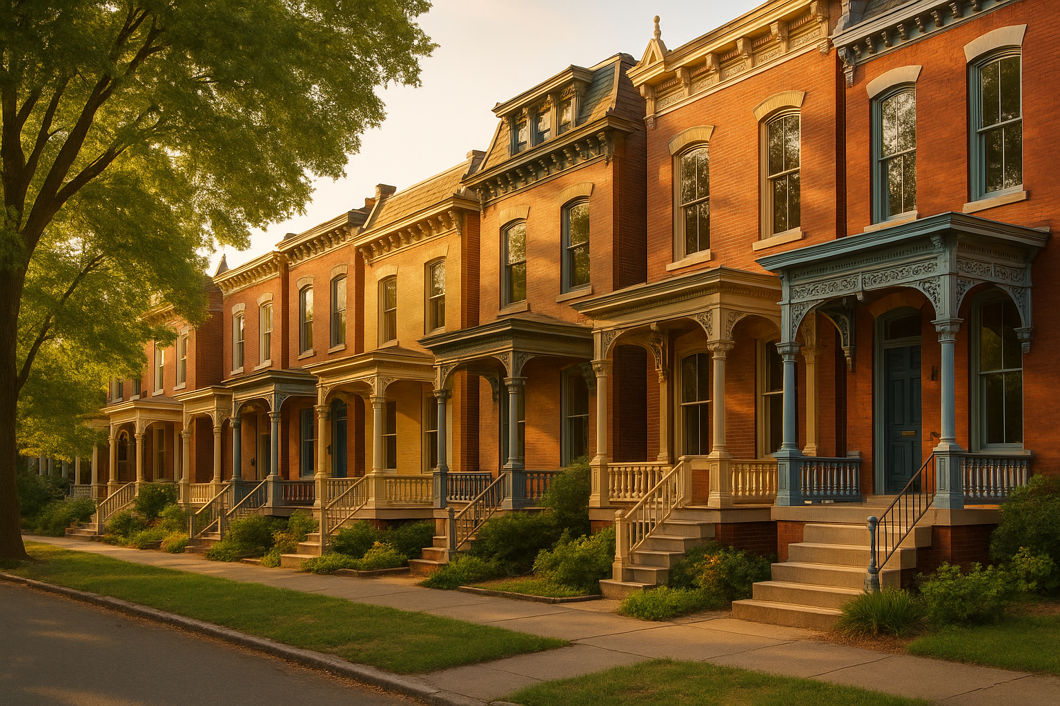 Brick rowhouses on a tree-lined street in the Fan District of Richmond