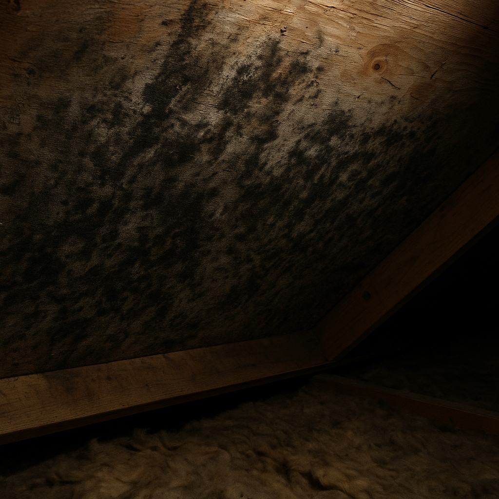 Richmond attic roof sheathing covered in grey-black mold staining before remediation
