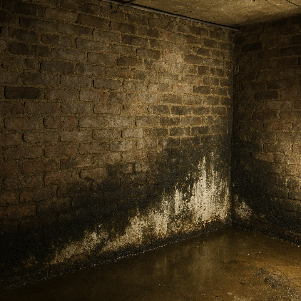 Flood-damaged Richmond lower-level wall with water line and mold before remediation