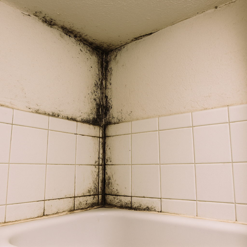 Bathroom corner with black mold along grout and caulk near the tub before cleaning