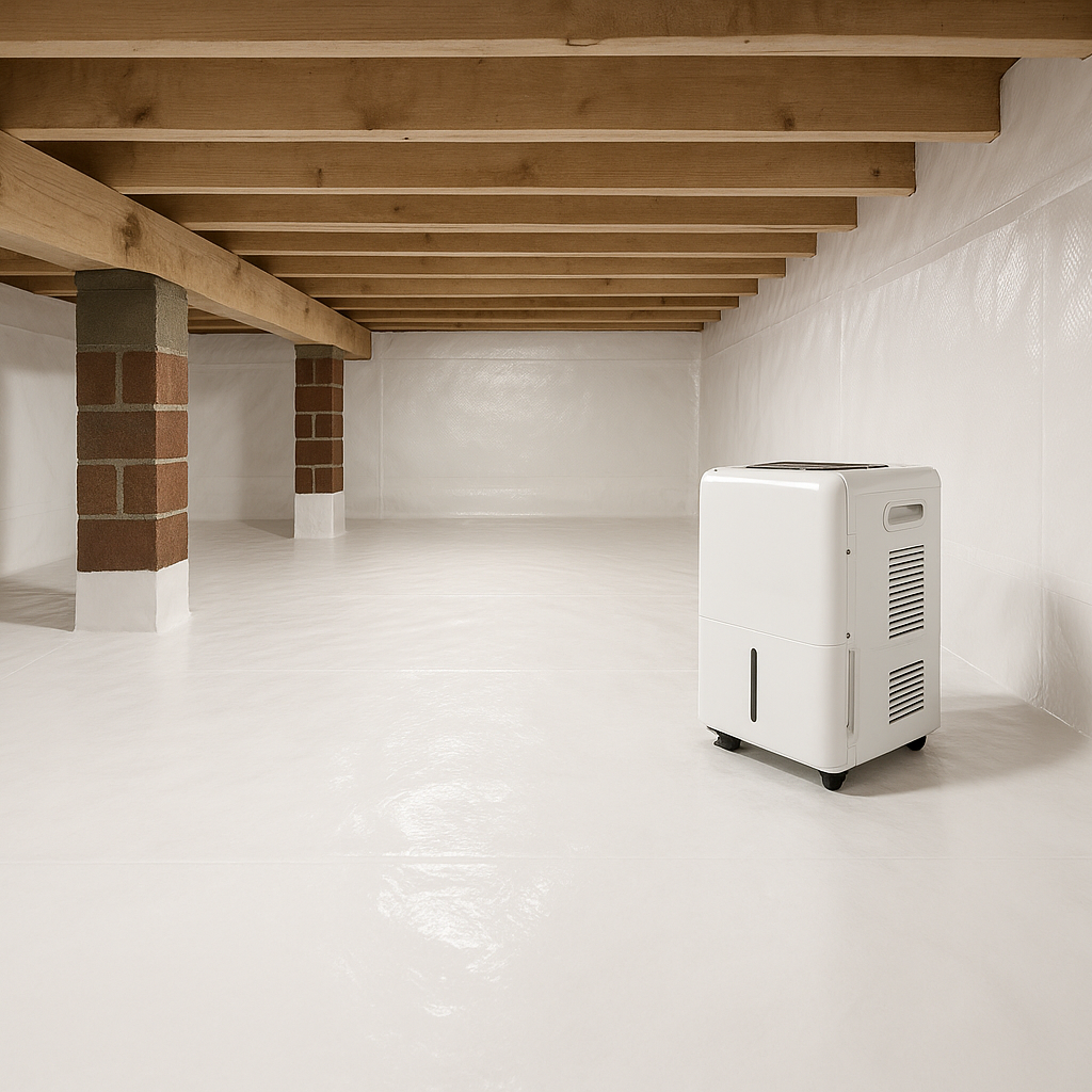 The same crawl space encapsulated with clean white vapor barrier and a dehumidifier