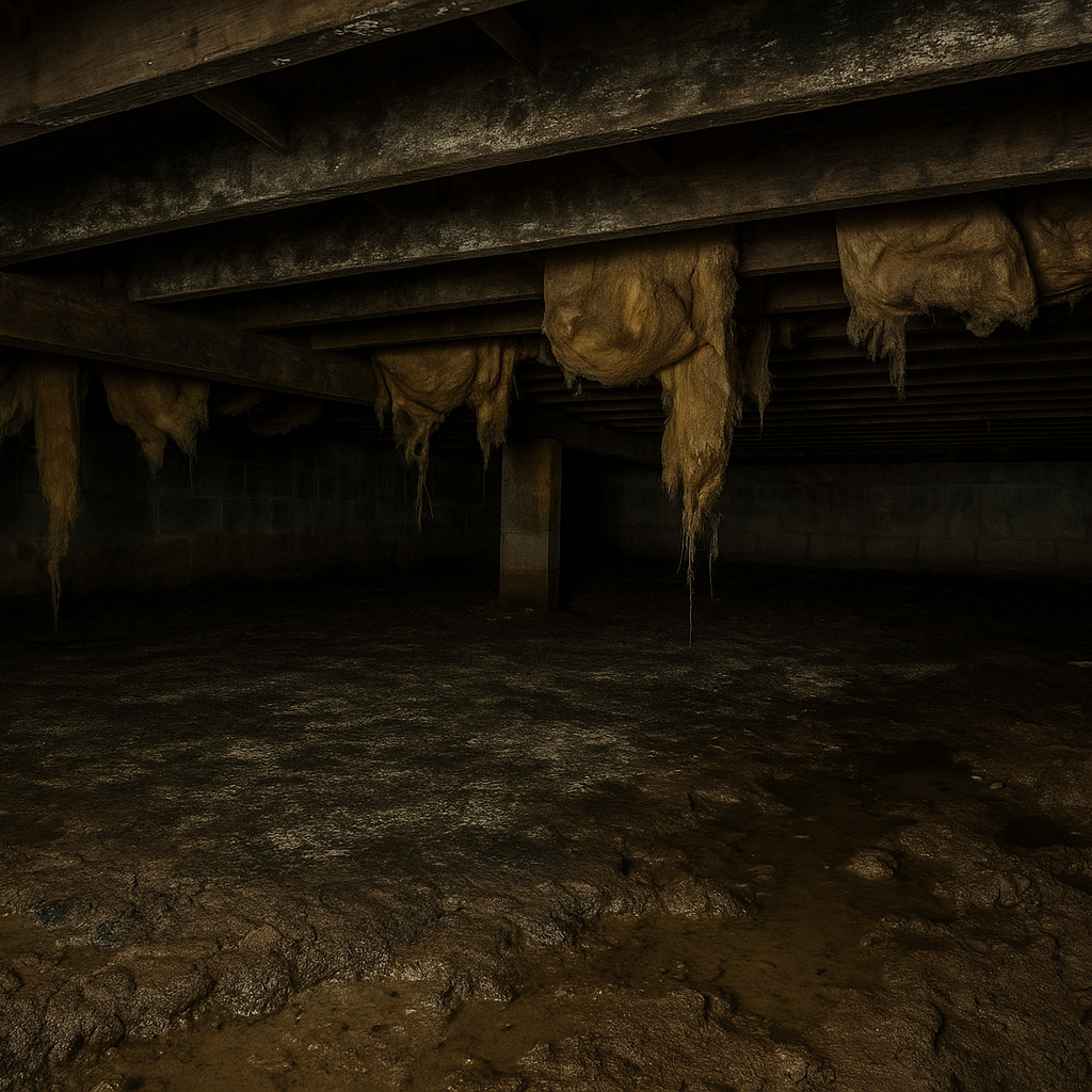 Dirty damp Richmond crawl space with mold on joists and torn insulation before work