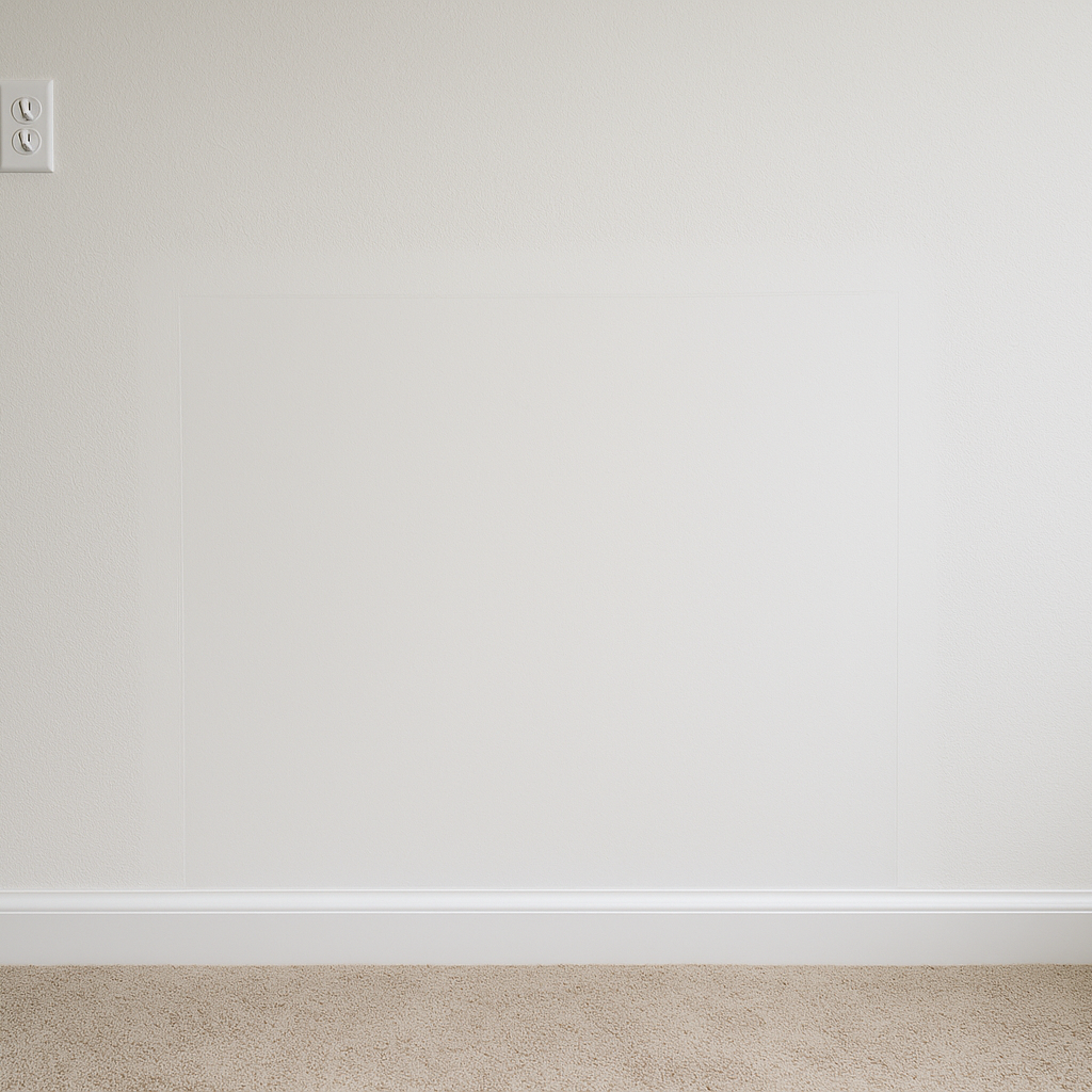 The same wall with damaged drywall removed, replaced, and primed after remediation