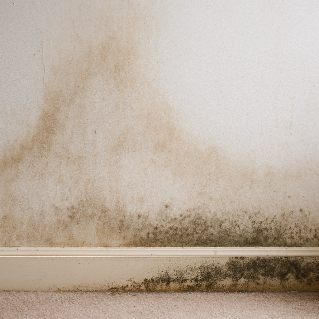 Water-stained drywall with dark mold behind a Richmond baseboard before removal