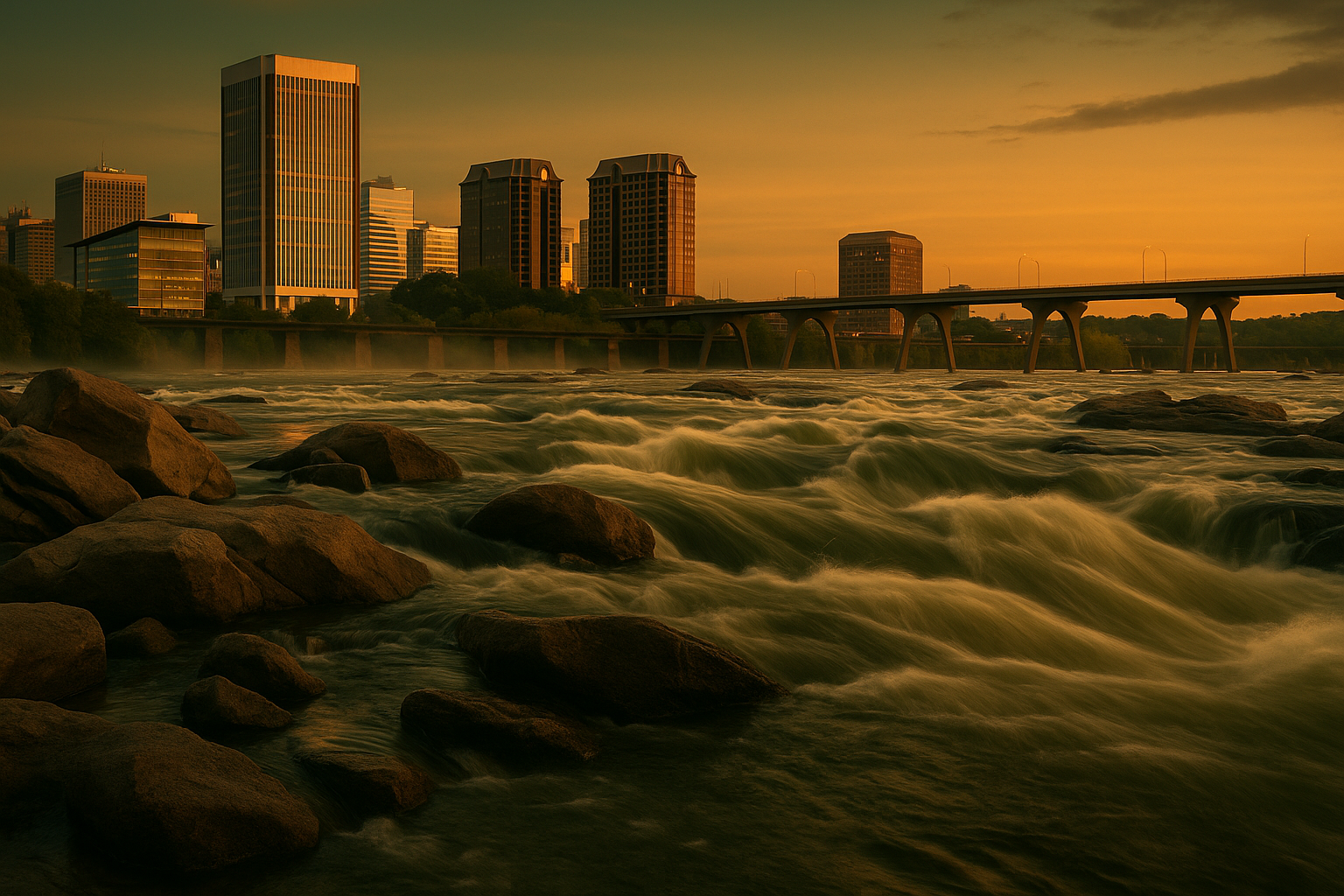 The James River rushing over the fall-line rapids below the Richmond skyline at dusk