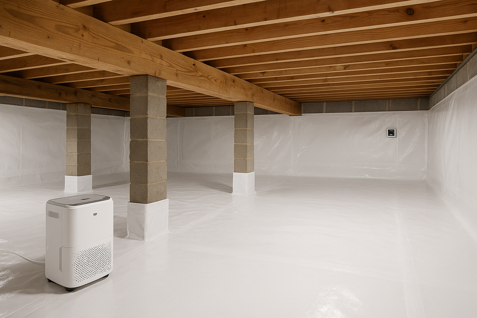 A clean, dry encapsulated crawl space with a dehumidifier in a Richmond home