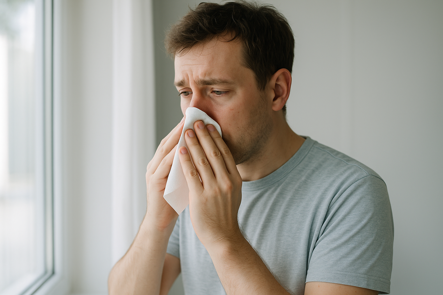 Person with mild allergy symptoms near a window in a Richmond home