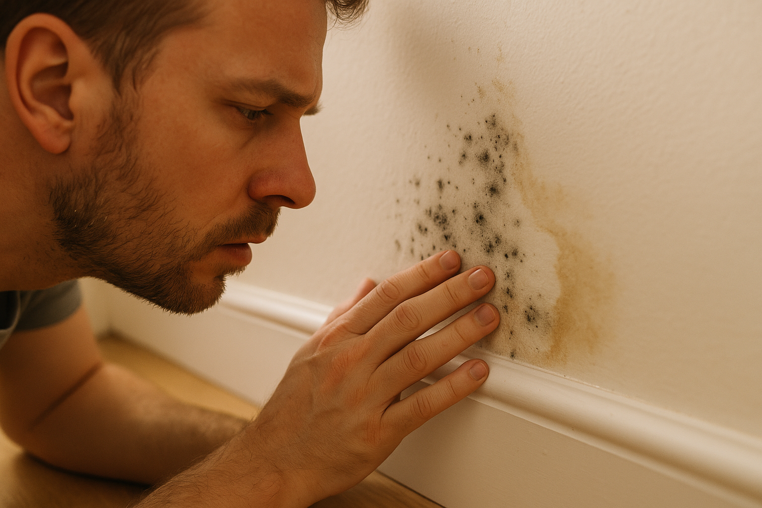 Homeowner noticing dark staining near a baseboard in a Richmond home