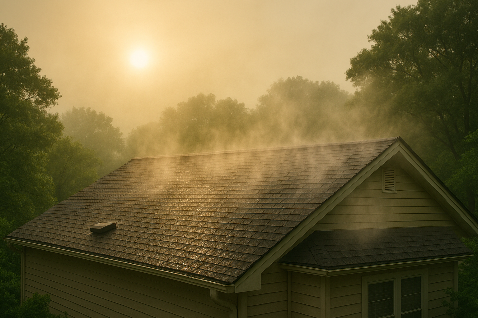 Sun beating down on a Richmond home in humid summer with attic condensation
