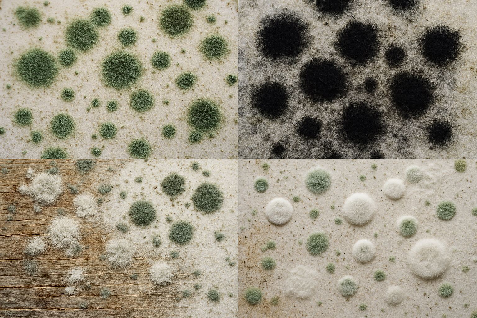 Close-up textures of different household mold types on surfaces