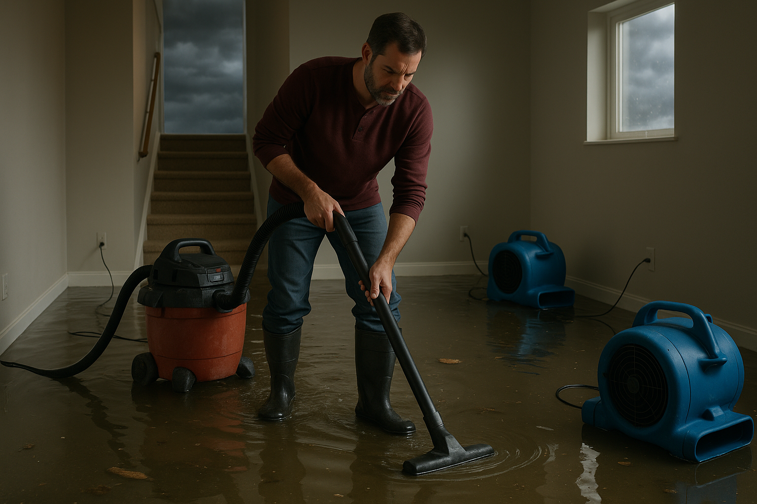 Homeowner using a wet-vac in a flooded Richmond lower level after a storm