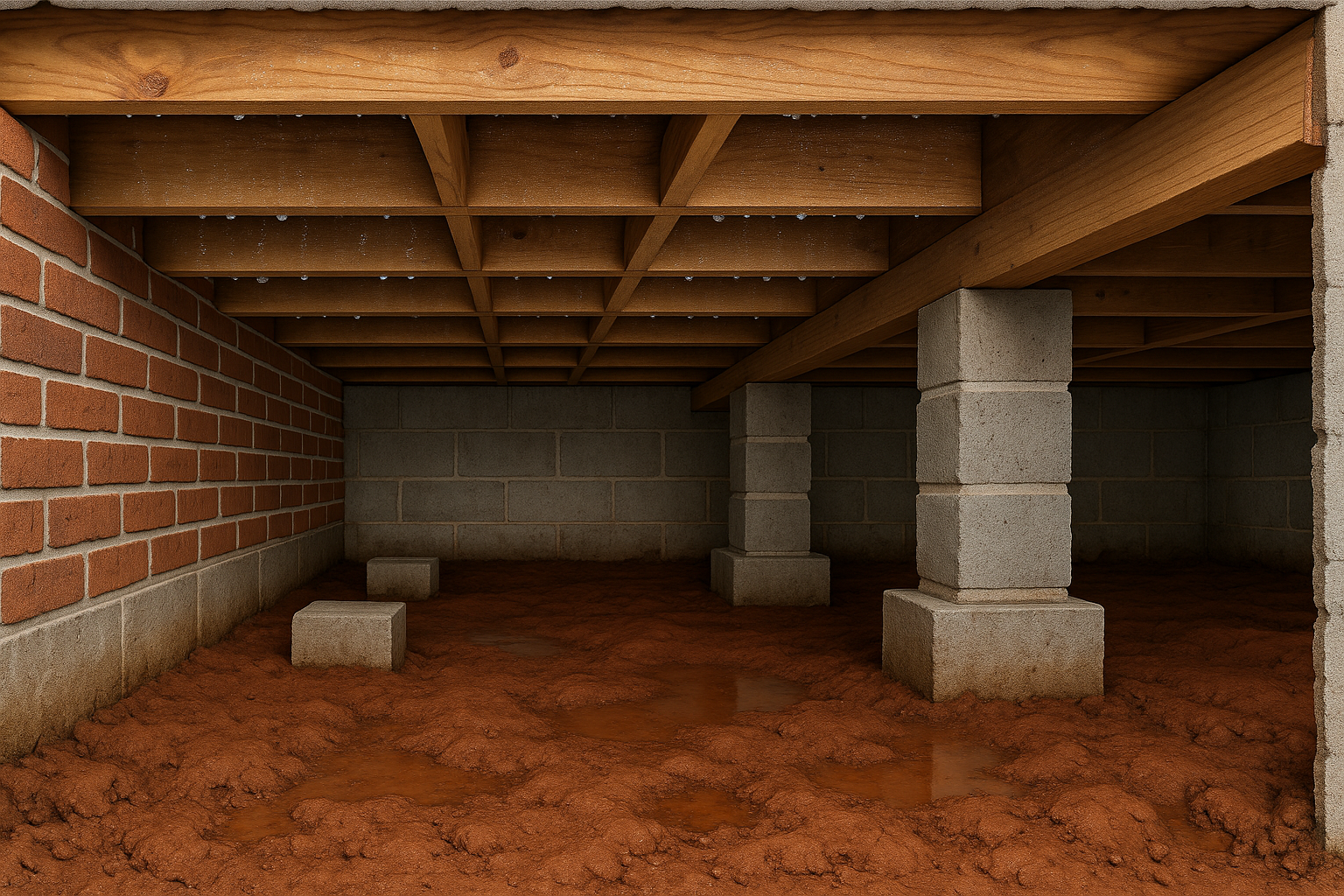 Cutaway view of a Richmond home crawl space showing moisture from clay soil