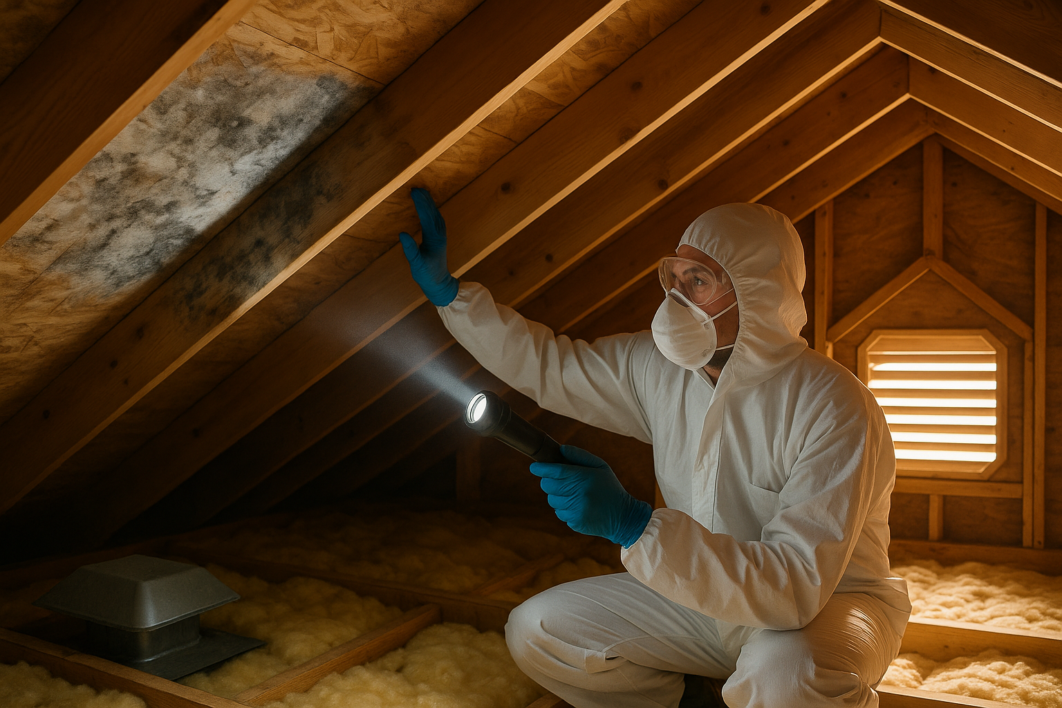Grey-white mold on the roof sheathing of a humid Richmond attic