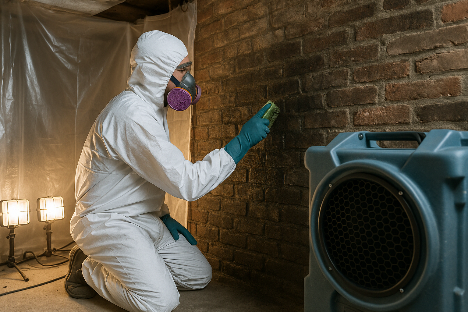 Technician remediating a damp English-basement wall in a Richmond rowhouse