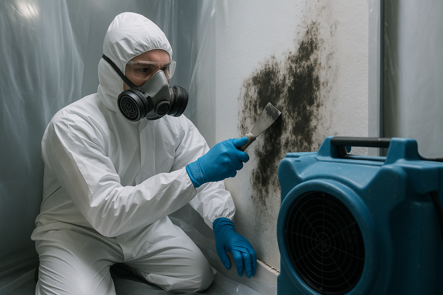 Technician in full PPE removing black mold behind containment in a Richmond home