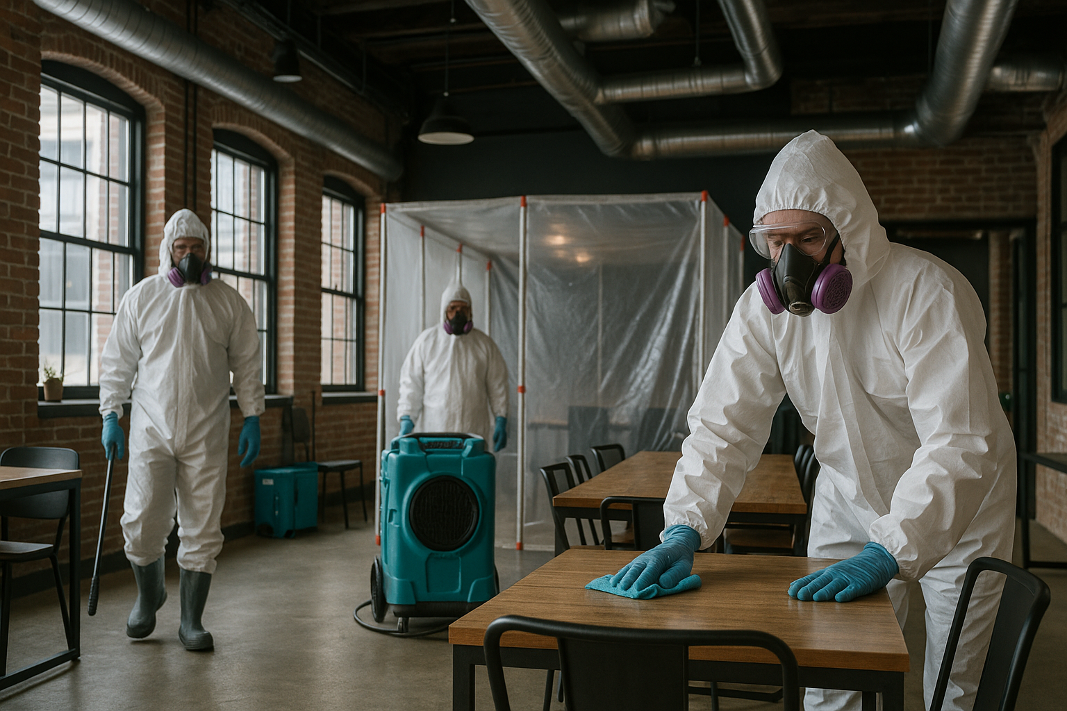 Commercial remediation crew working behind containment in a Richmond office interior