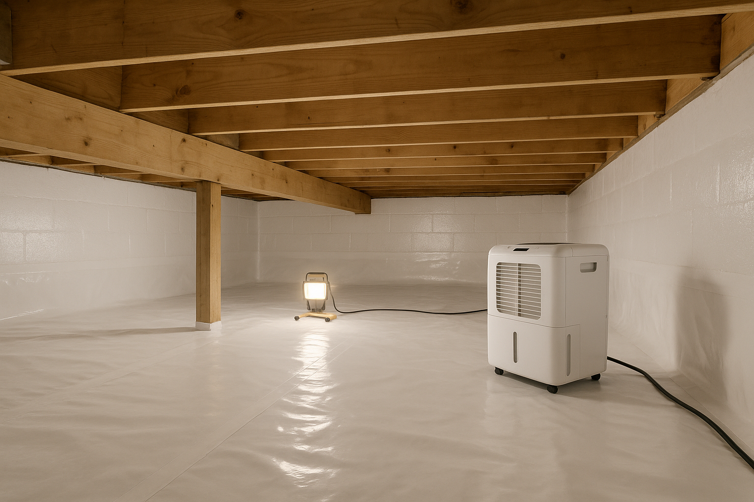 Clean encapsulated crawl space with white vapor barrier under a Richmond home