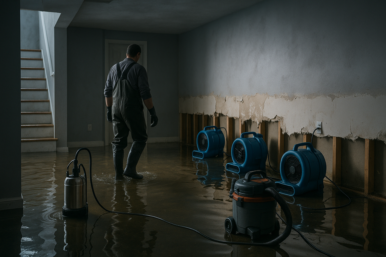 Air movers and a pump drying a flooded lower level in a Richmond home after a storm