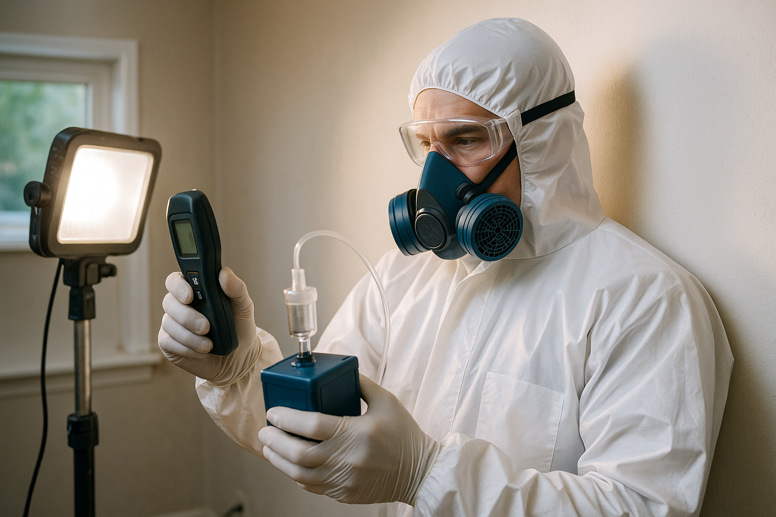 Mold inspector using a moisture meter on a wall in a Richmond home